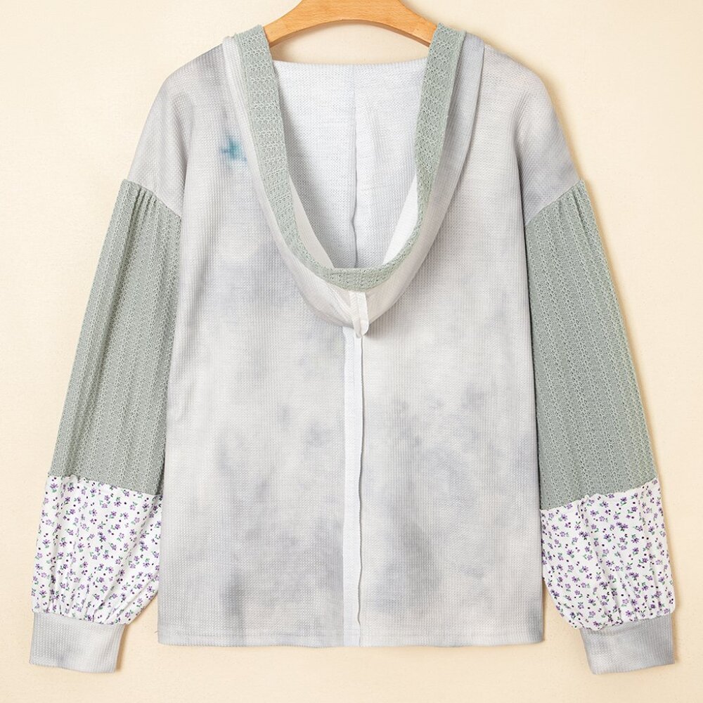 B304 Green Floral Tetured Colorblock Patchwork Lantern Sleeve Hooded Top - Picture 5 of 5